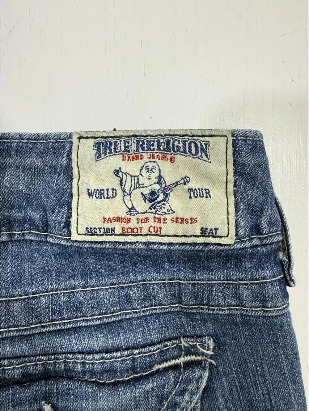 True Religion Jeans Mens 31 Boot Cut World Tour Blue Stretch Denim Made USA